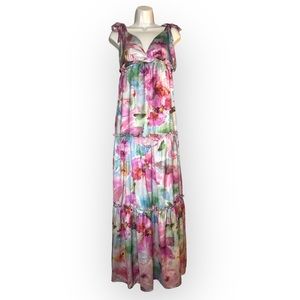 BTFL- Life Watercolor Floral Print Tiered Maxi Dress Tie Shoulder Boho sz M